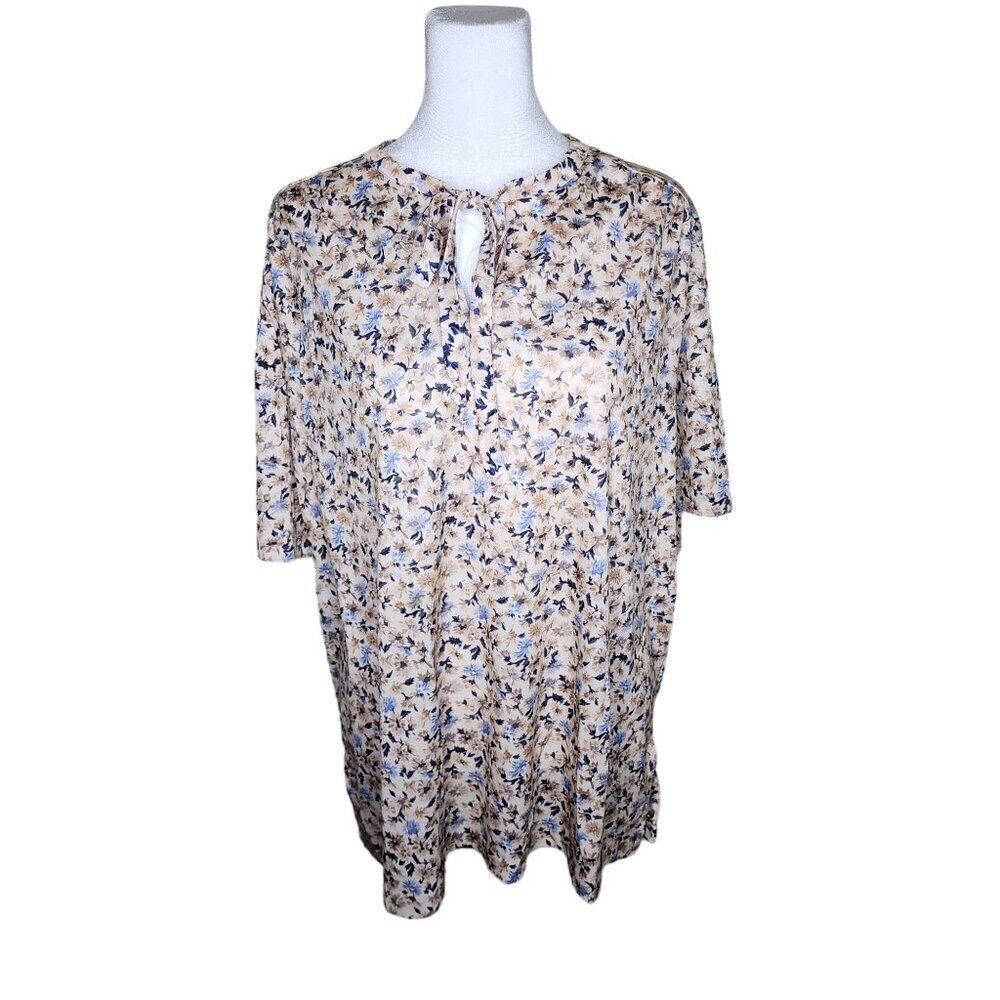 Vintage 70s Short Sleeve Floral Feminine Top Blouse Shirt Womens Size XL Brown